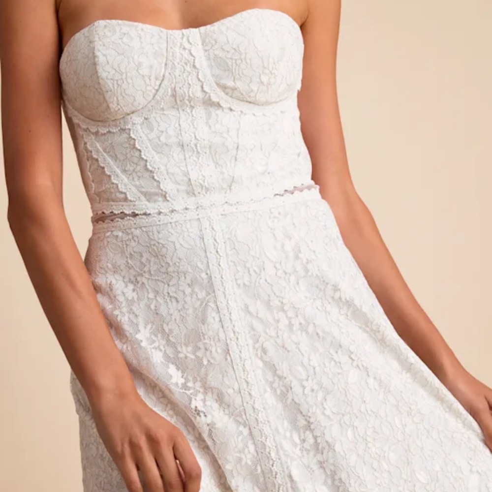 Lulu's White Strapless Lace Maxi Dress with Front Slit - Picture 3 of 6